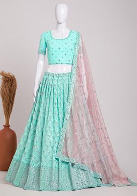Sky Blue Sequin Embroidered Georgette Lehenga Set