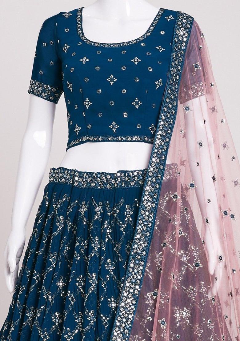 Blue Sequin Embroidered Georgette Lehenga Set