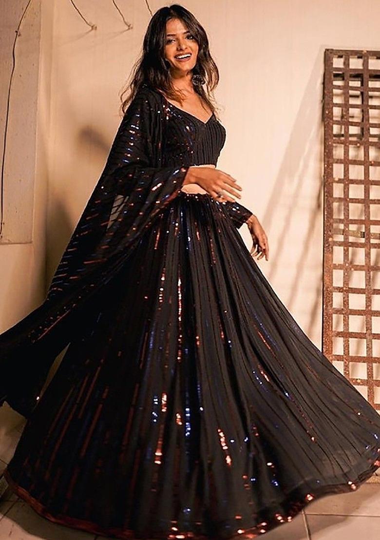 Black Sequin Embroidered Georgette Lehenga Set