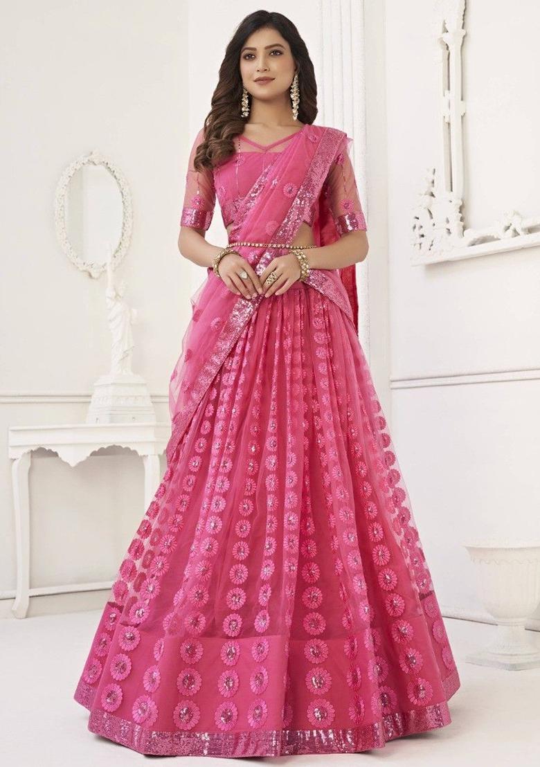 Pink Sequin Embroidered Net Lehenga Set