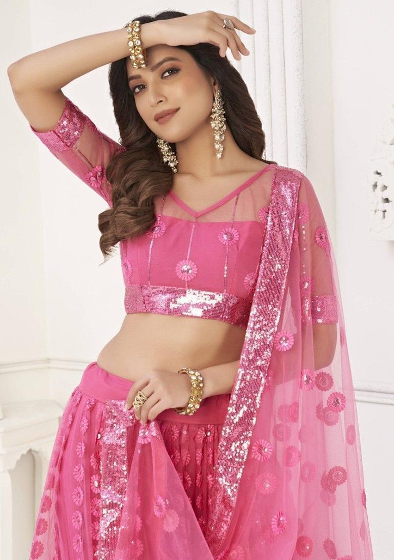 Pink Sequin Embroidered Net Lehenga Set