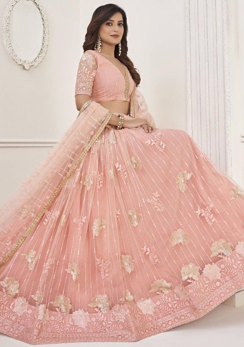 Peach Sequin Embroidered Net Lehenga Set