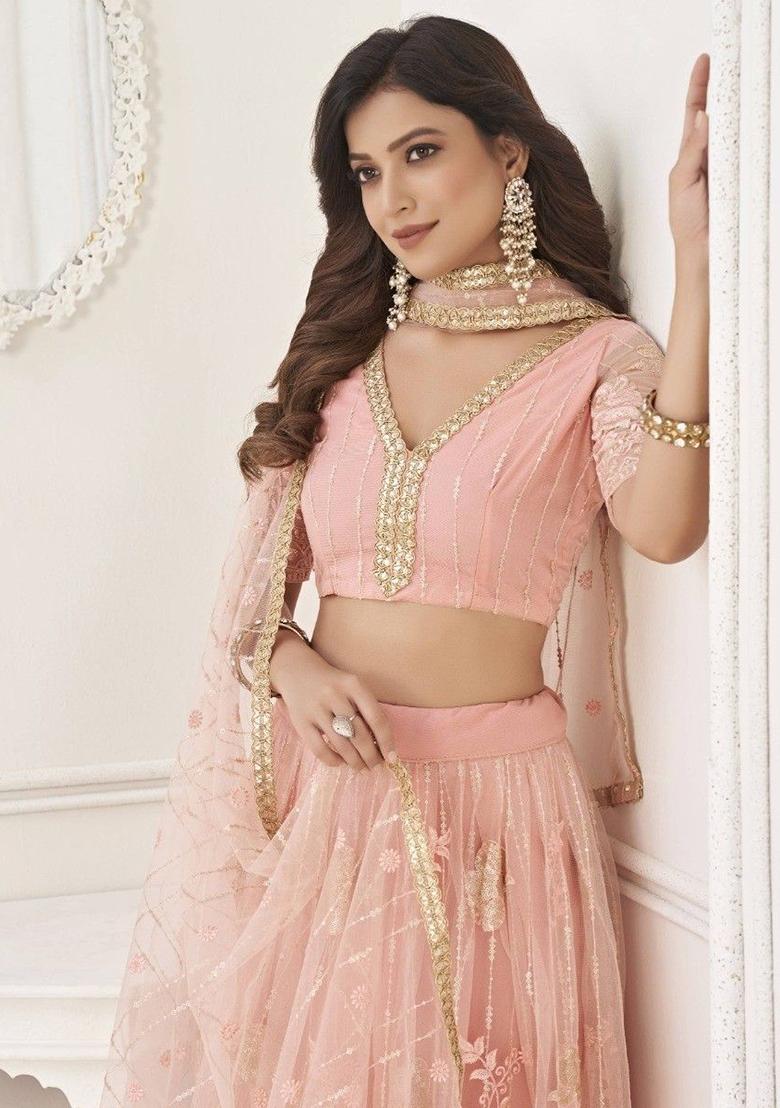Peach Sequin Embroidered Net Lehenga Set