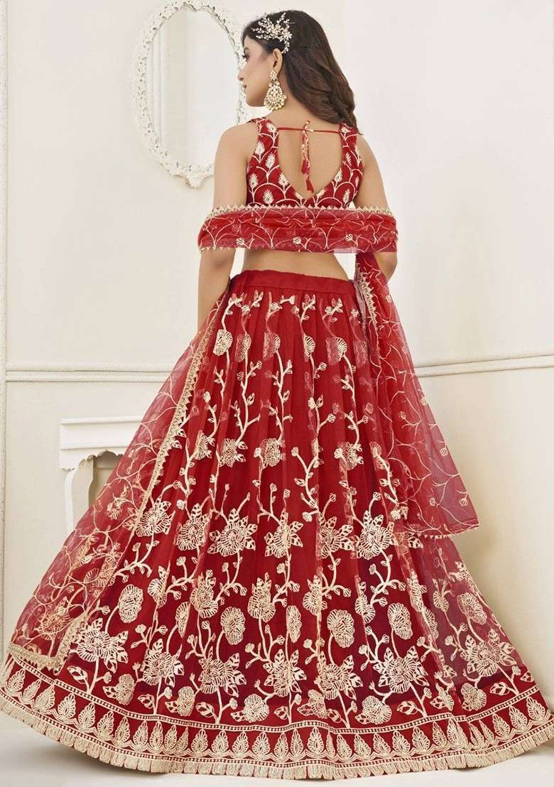 Red Sequin Embroidered Net Lehenga Set for Diwali and Festive Wear - Indya
