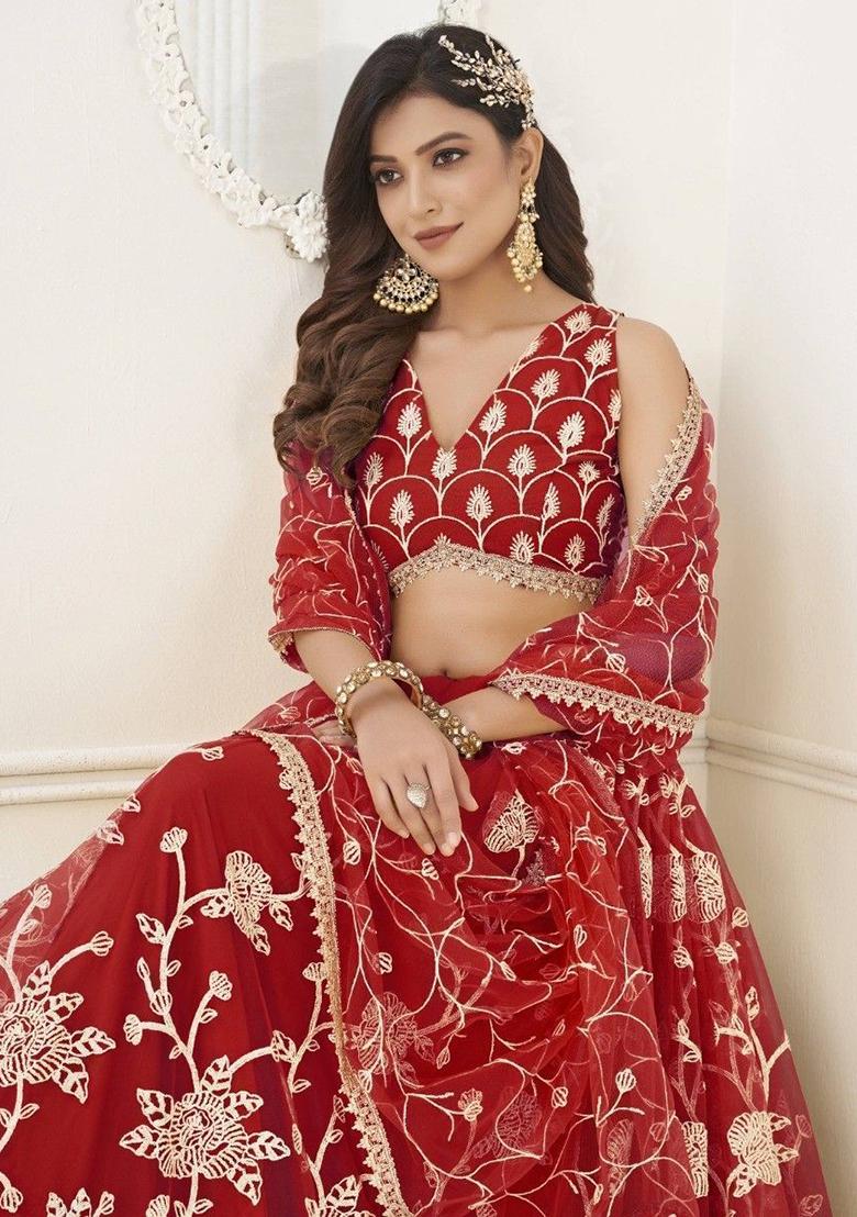Red Sequin Embroidered Net Lehenga Set