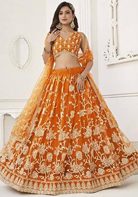 Orange Sequin Embroidered Net Lehenga Set