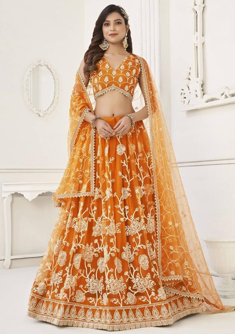Orange Sequin Embroidered Net Lehenga Set