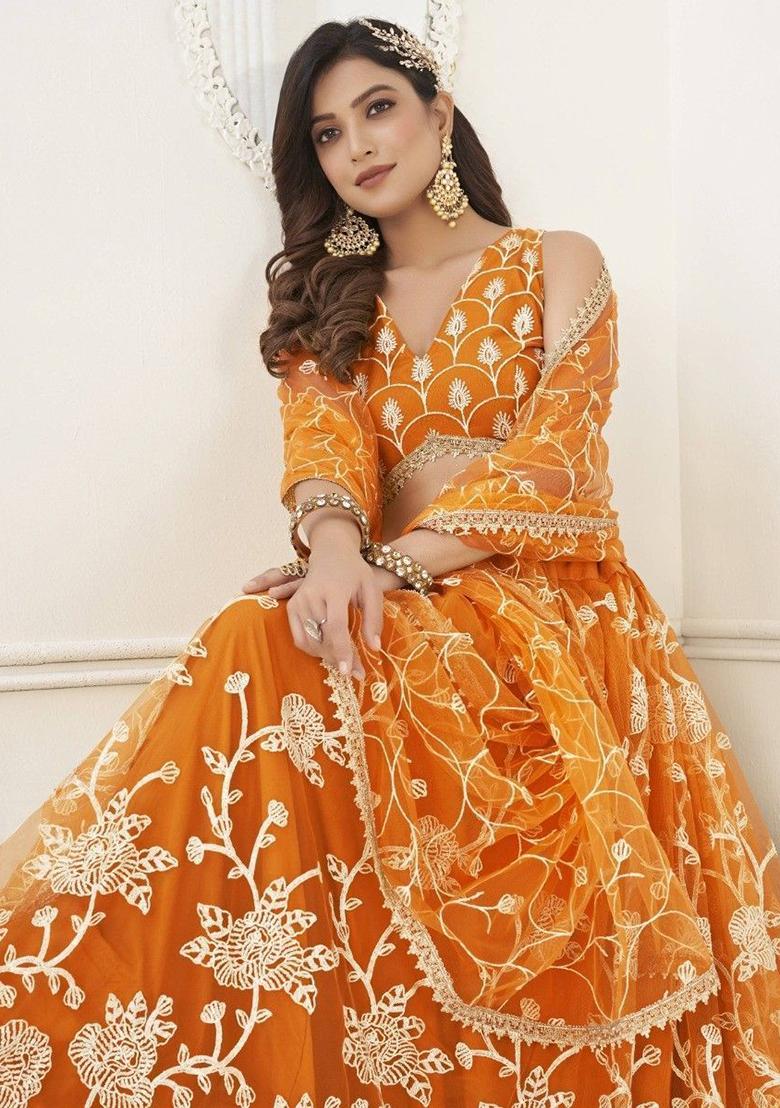 Orange Sequin Embroidered Net Lehenga Set
