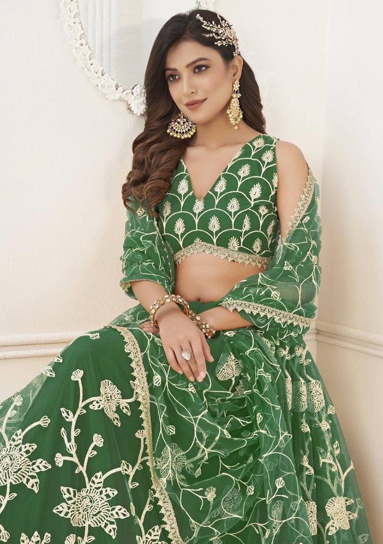 Green Sequin Embroidered Net Lehenga Set