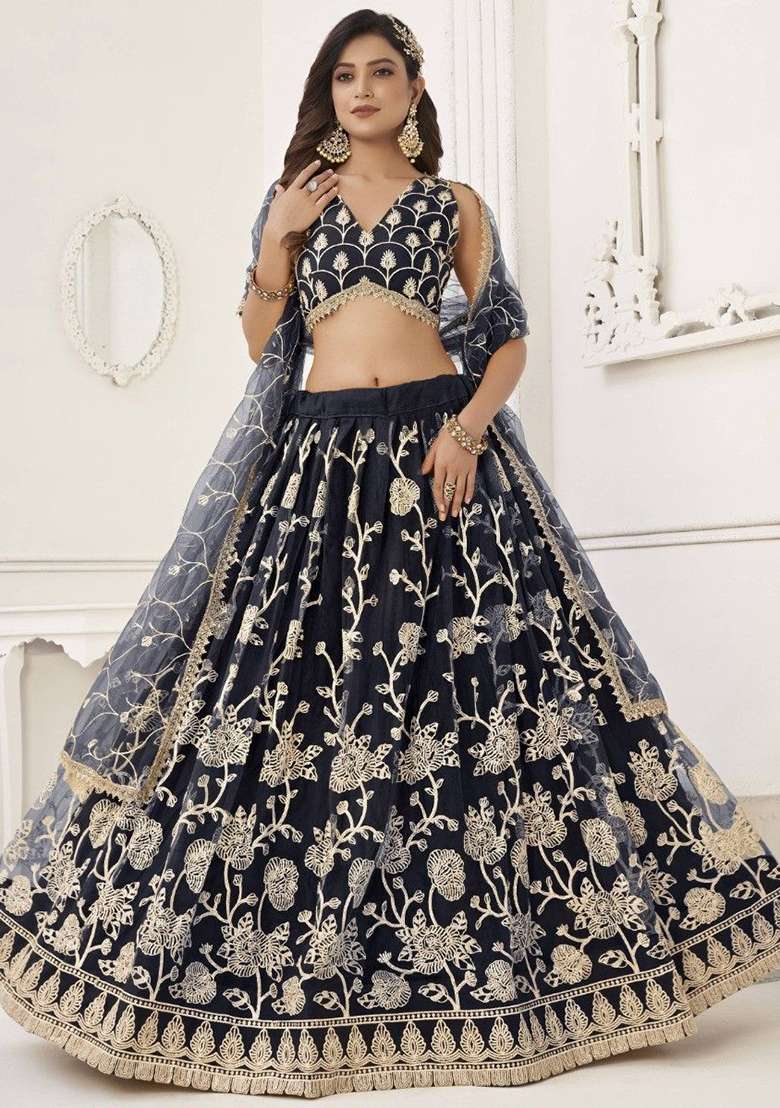 Black Sequin Embroidered Net Lehenga Set for Diwali and Festive Wear - Indya
