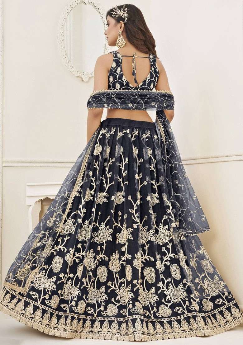 Black Sequin Embroidered Net Lehenga Set for Diwali and Festive Wear - Indya