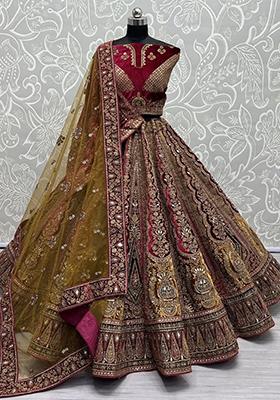 Maroon Embroidered Velvet Lehenga Set