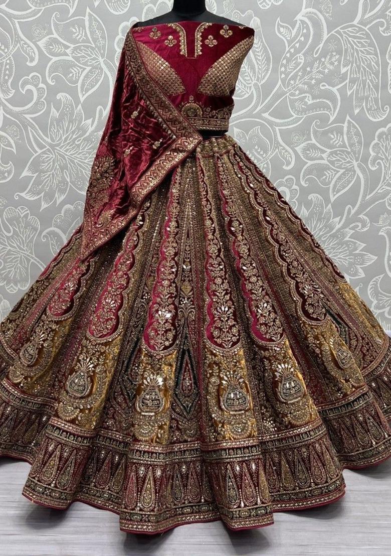 Maroon Embroidered Velvet Lehenga Set