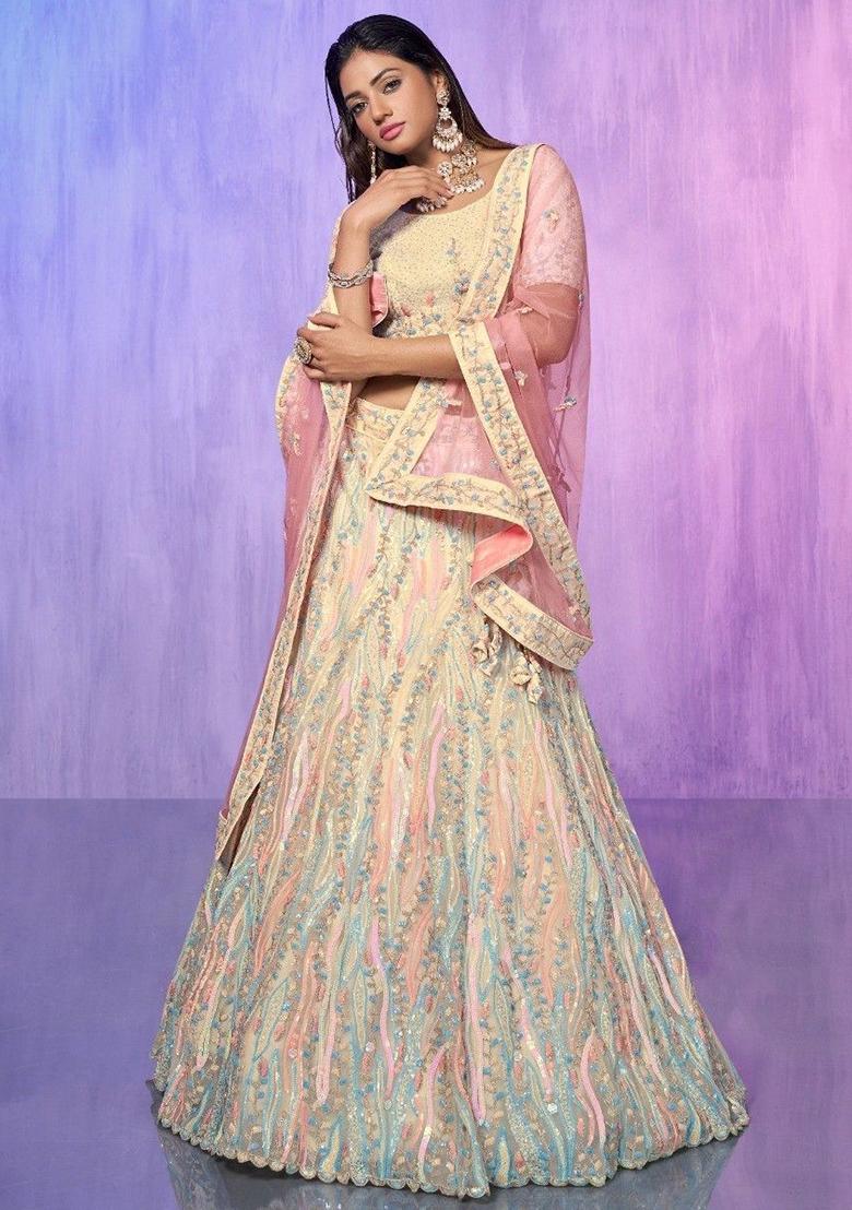 Off White Sequin Embroidered Organza Lehenga Set