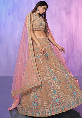 Brown Floral Print Georgette Lehenga Set