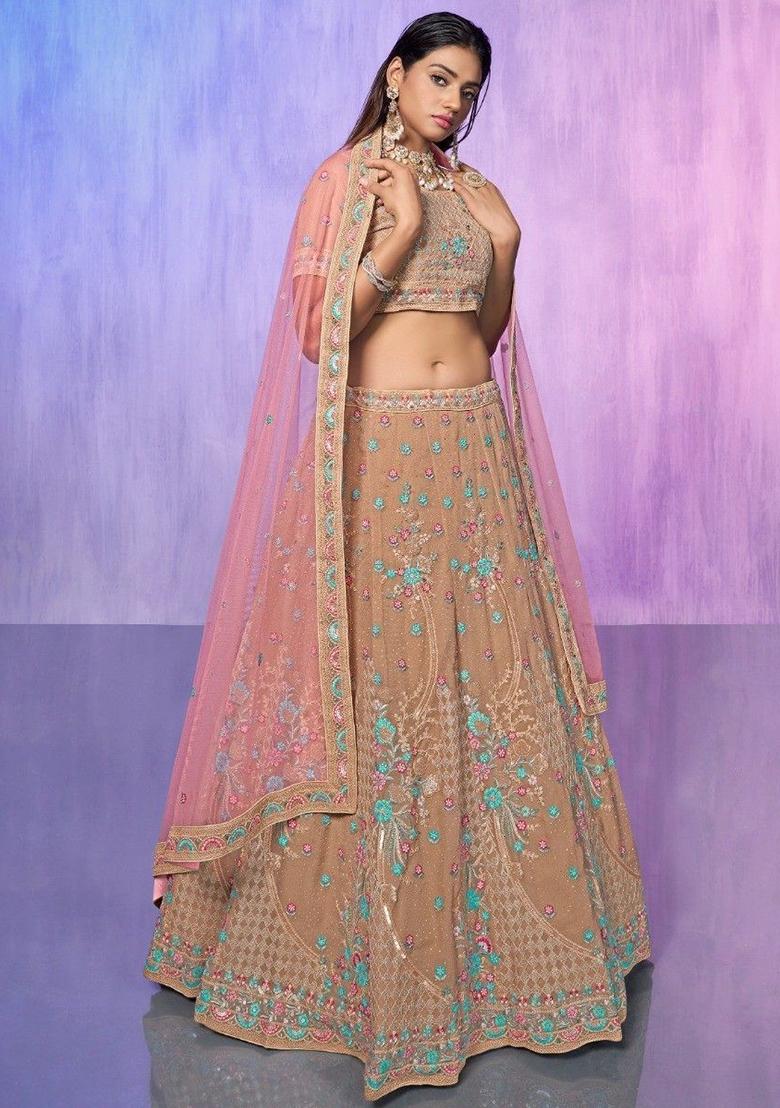 Brown Floral Print Georgette Lehenga Set