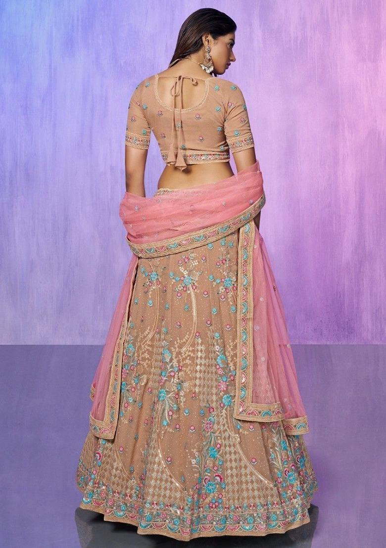 Brown Floral Print Georgette Lehenga Set