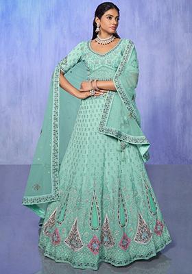 Sky Blue Embroidered Georgette Lehenga Set