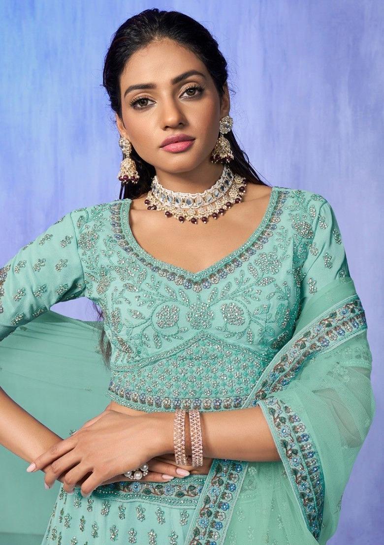 Sky Blue Embroidered Georgette Lehenga Set