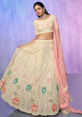 Off White Sequin Embroidered Net Lehenga Set