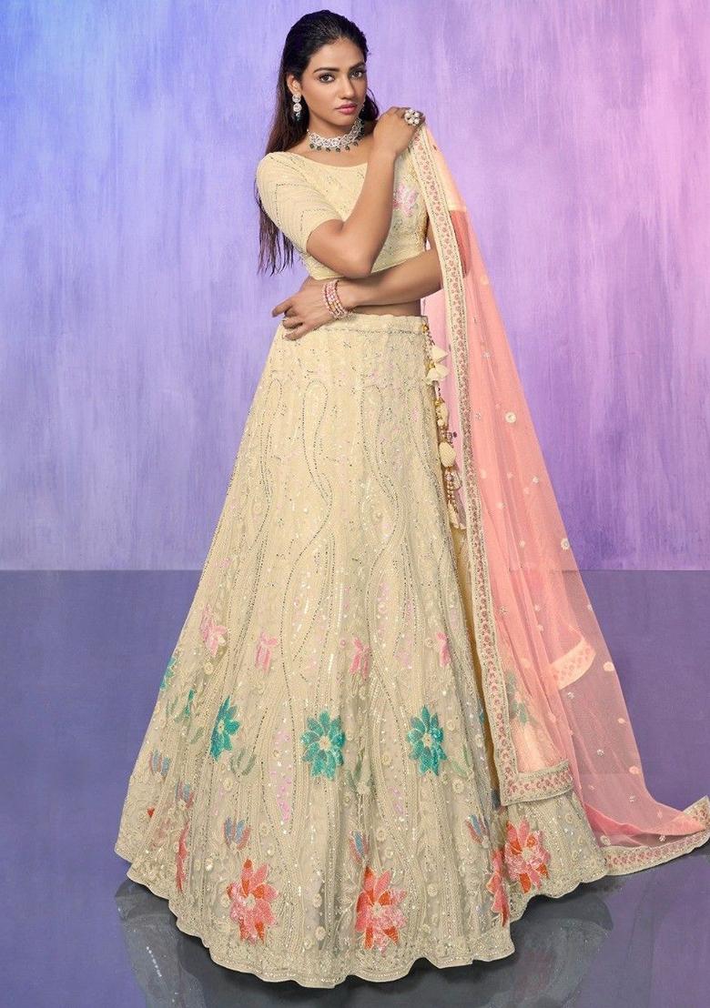 Off White Sequin Embroidered Net Lehenga Set