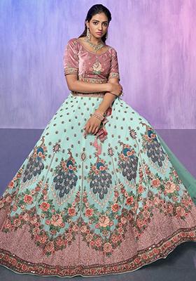 Green Floral Print Georgette Lehenga Set