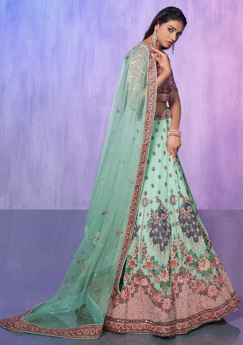 Green Floral Print Georgette Lehenga Set