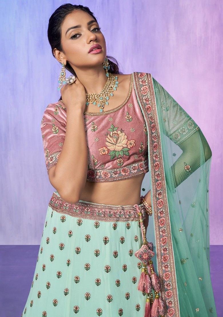 Green Floral Print Georgette Lehenga Set