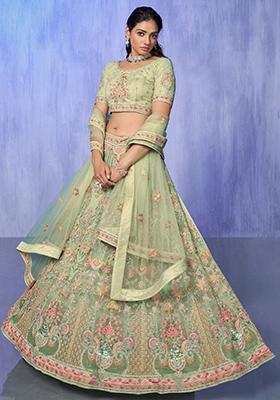Green Embroidered Net Lehenga Set