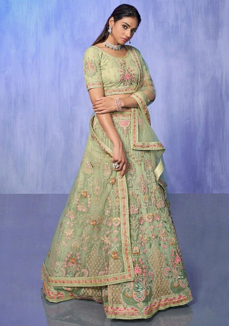 Green Embroidered Net Lehenga Set