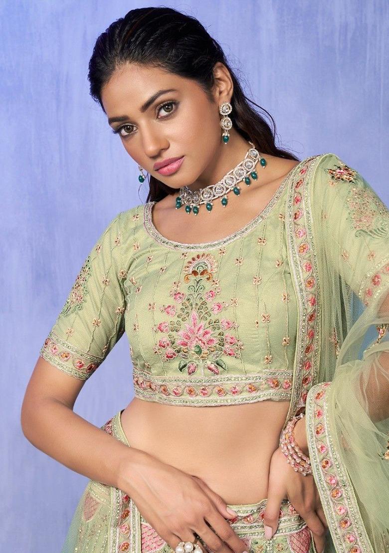 Green Embroidered Net Lehenga Set