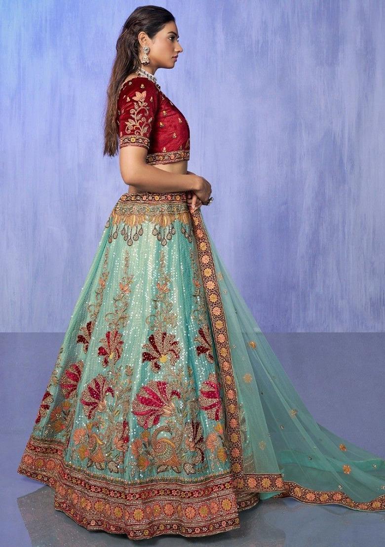 Sky Blue Sequin Embroidered Velvet Lehenga Set