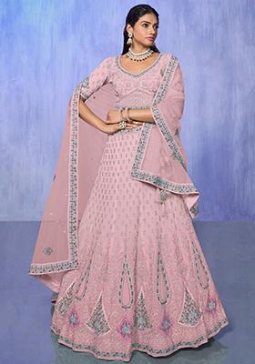 Pink Floral Print Georgette Lehenga Set
