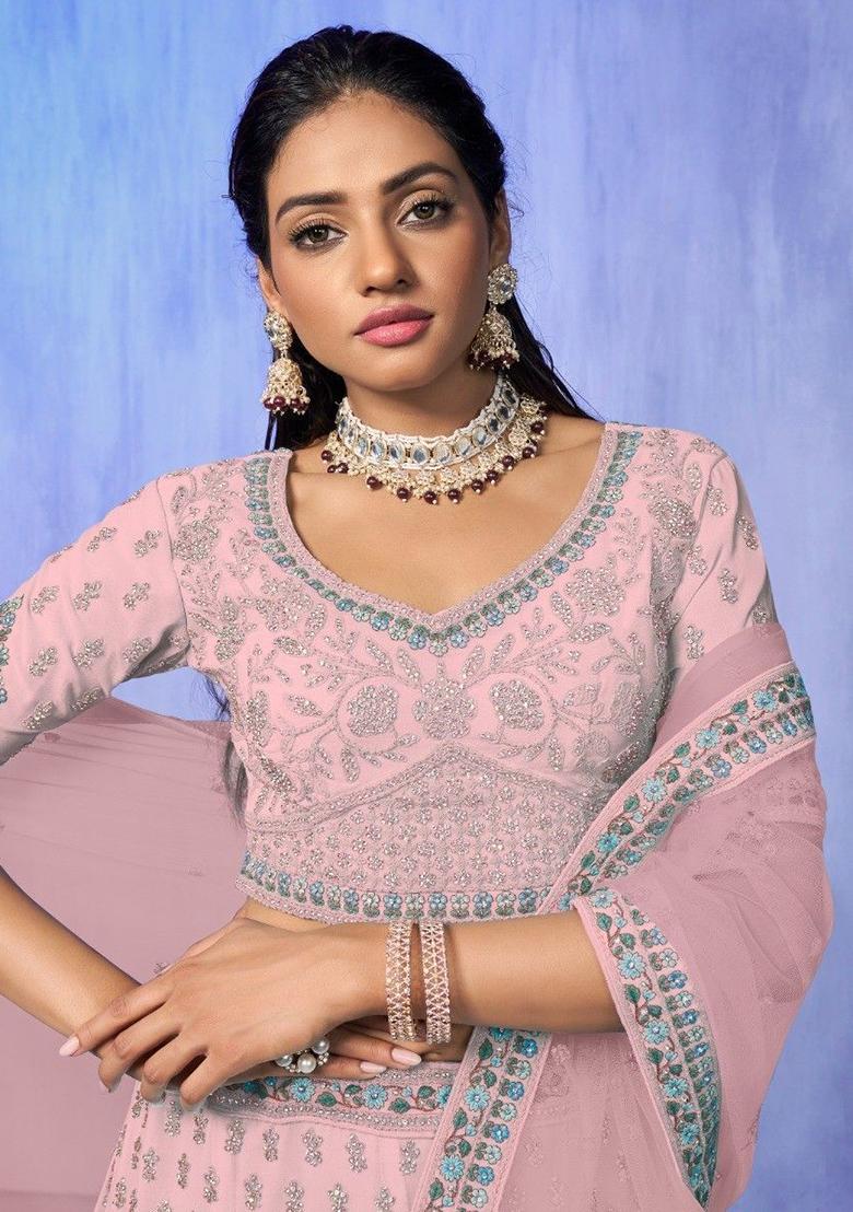 Pink Floral Print Georgette Lehenga Set