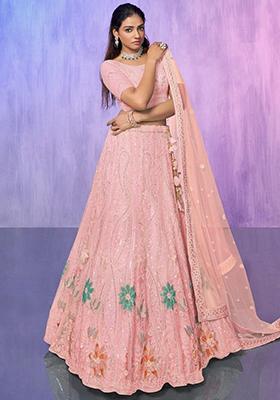 Peach Sequin Embroidered Net Lehenga Set
