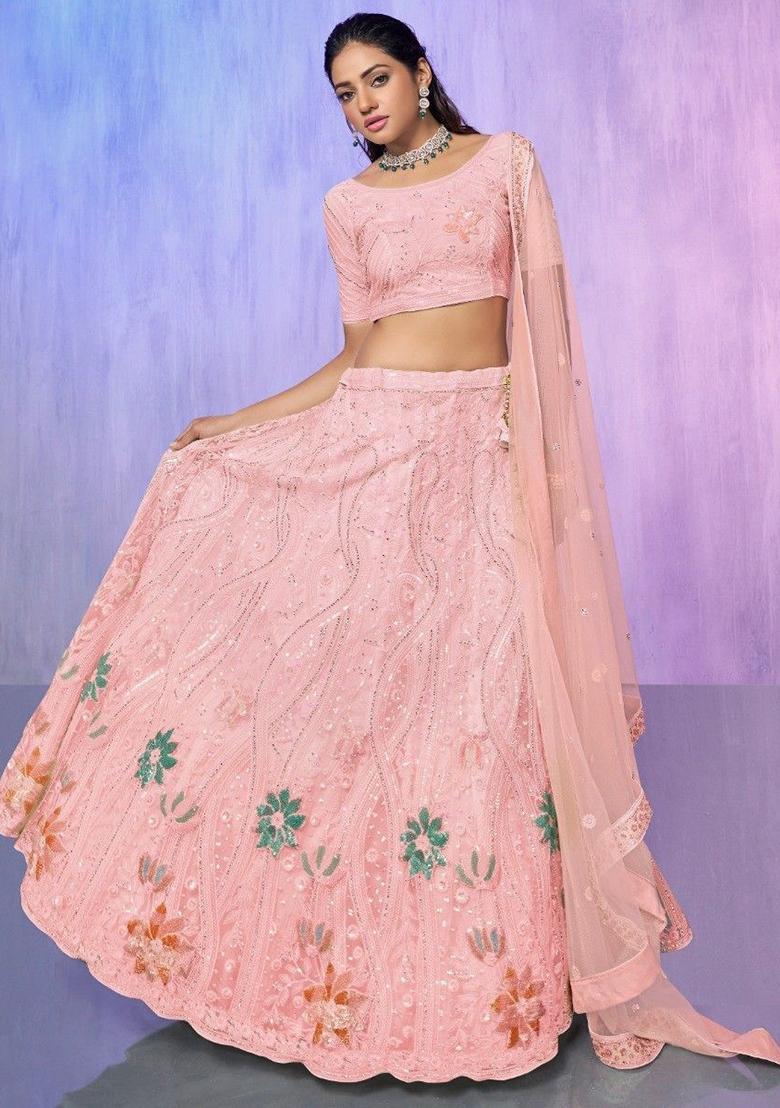 Peach Sequin Embroidered Net Lehenga Set