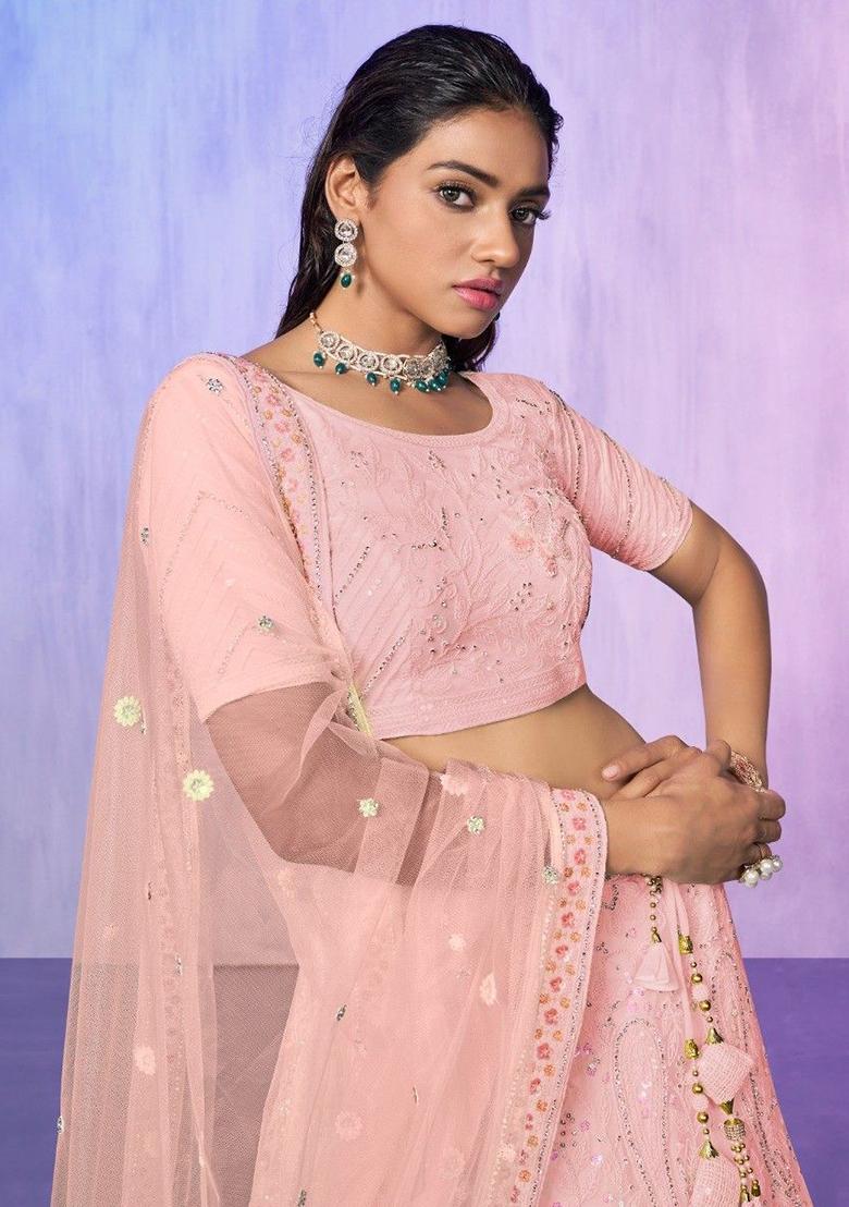 Peach Sequin Embroidered Net Lehenga Set