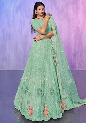 Green Sequin Embroidered Net Lehenga Set