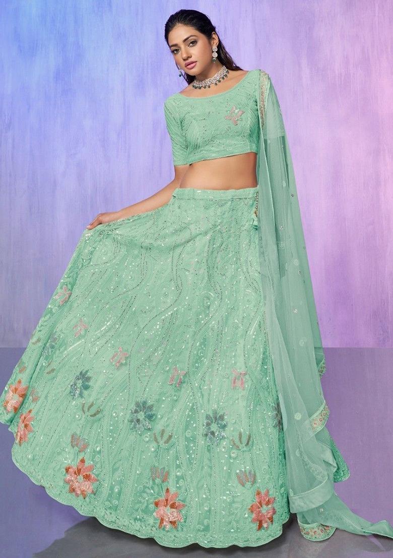 Green Sequin Embroidered Net Lehenga Set