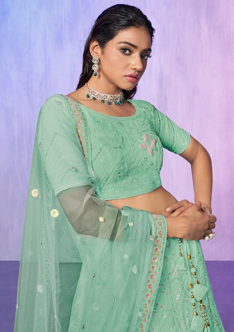 Green Sequin Embroidered Net Lehenga Set