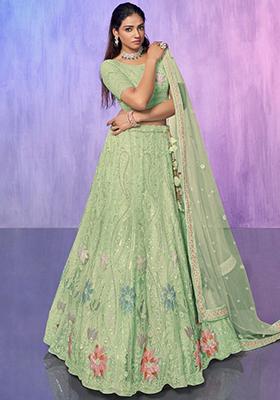 Green Sequin Embroidered Net Lehenga Set