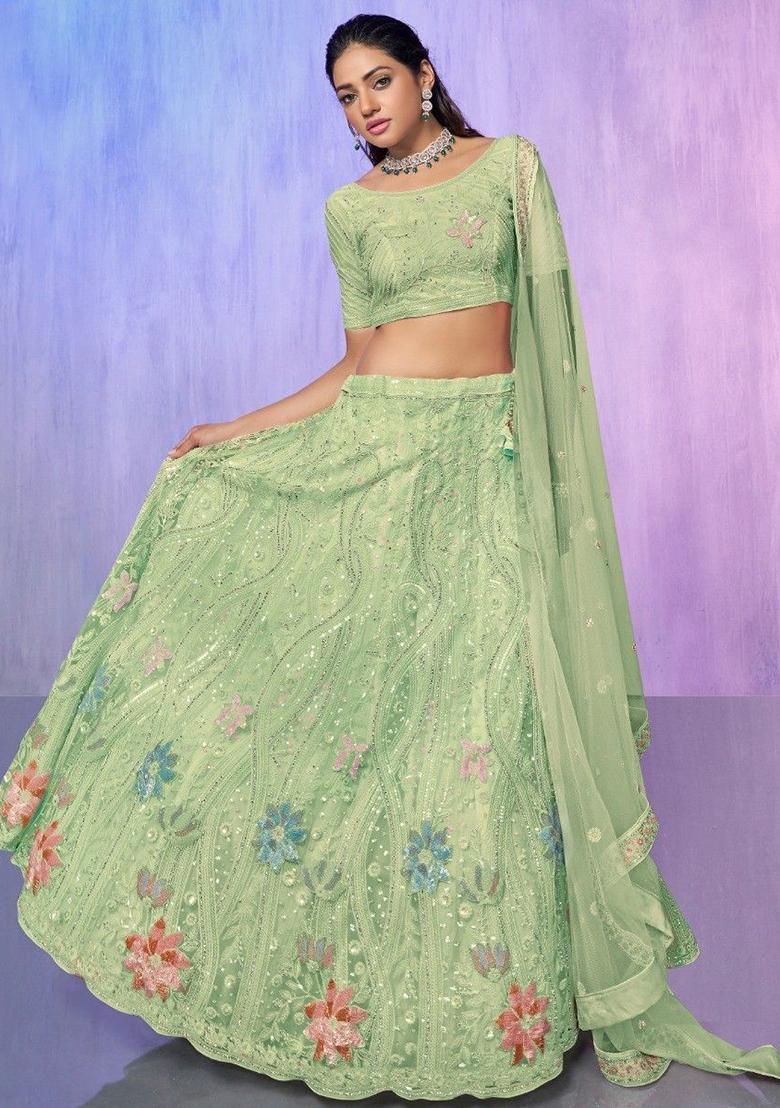 Green Sequin Embroidered Net Lehenga Set