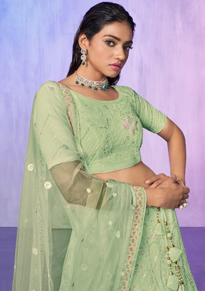 Green Sequin Embroidered Net Lehenga Set