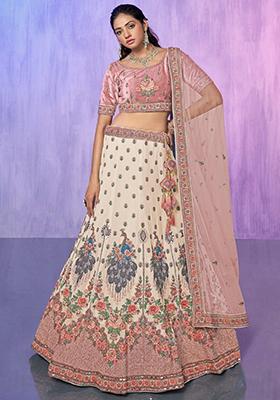 Off White Floral Print Georgette Lehenga Set