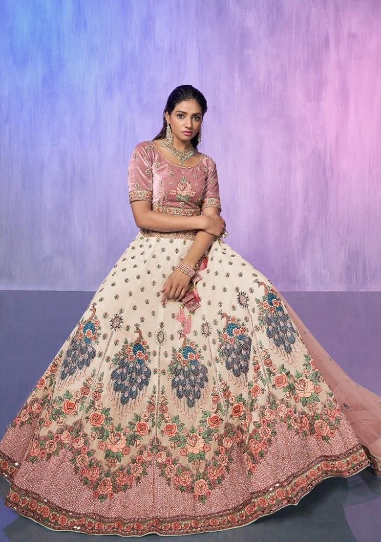 Off White Floral Print Georgette Lehenga Set