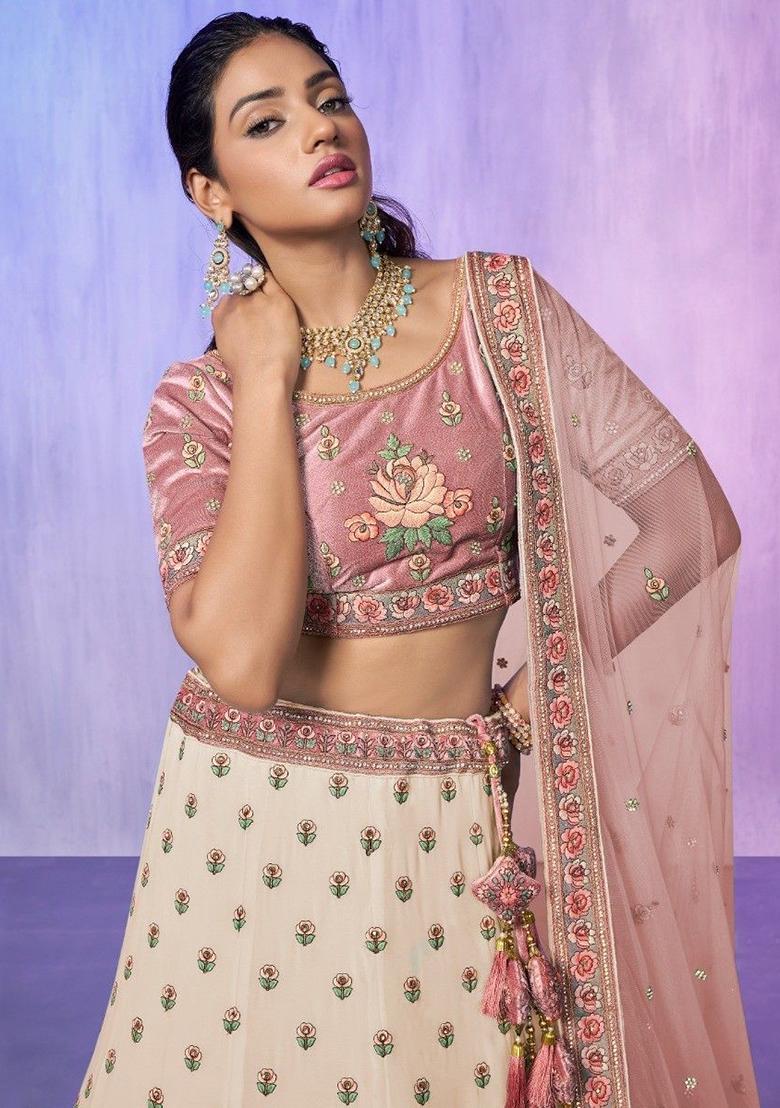 Off White Floral Print Georgette Lehenga Set