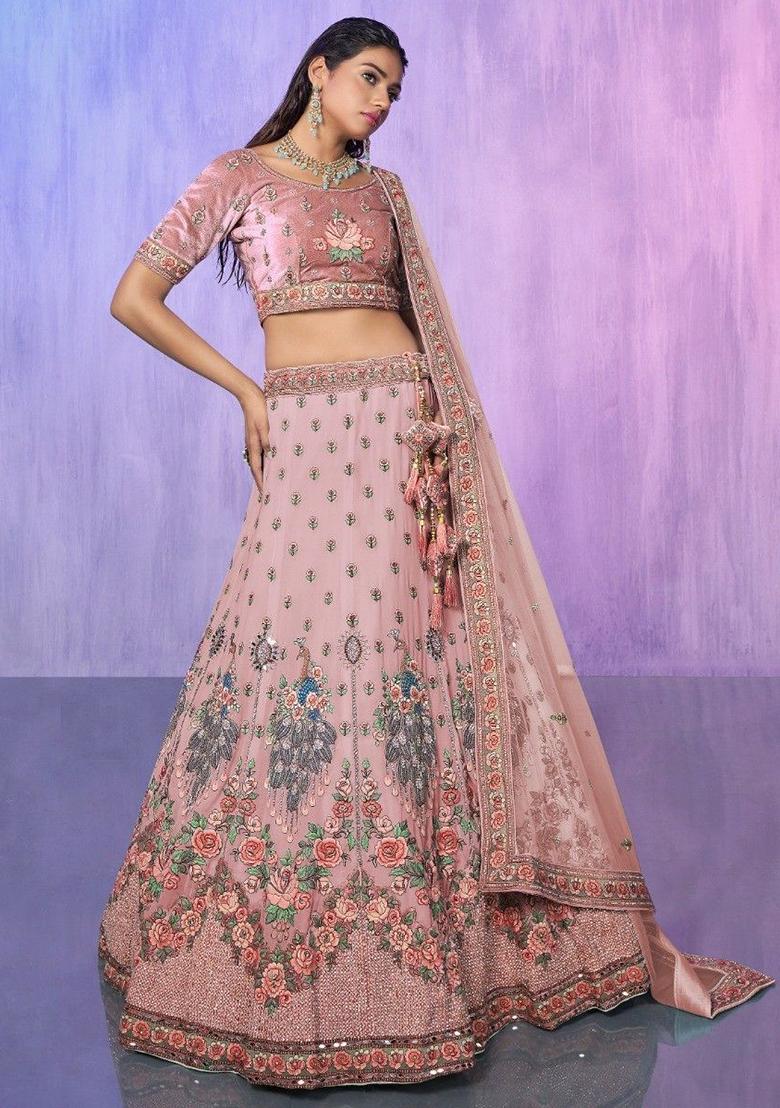 Peach Floral Print Georgette Lehenga Set