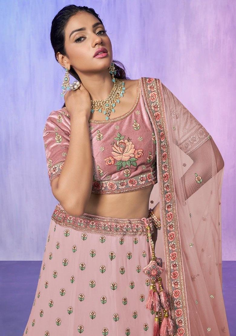 Peach Floral Print Georgette Lehenga Set