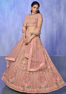 Peach Embroidered Net Lehenga Set
