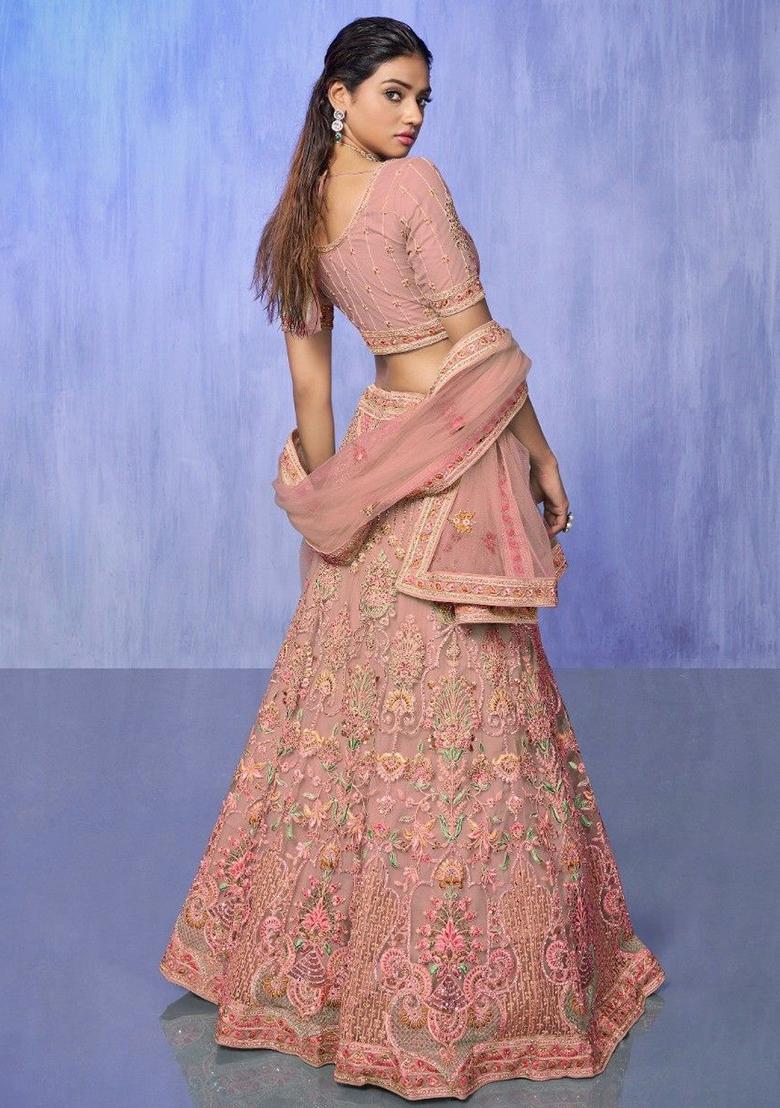Peach Embroidered Net Lehenga Set